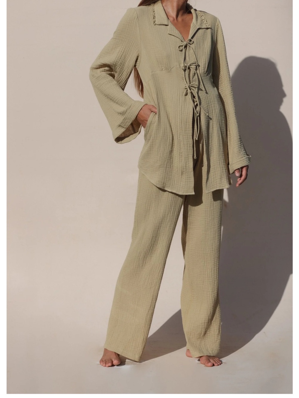 Strait the Label POEMA TAN COLLARED TIE BLOUSE